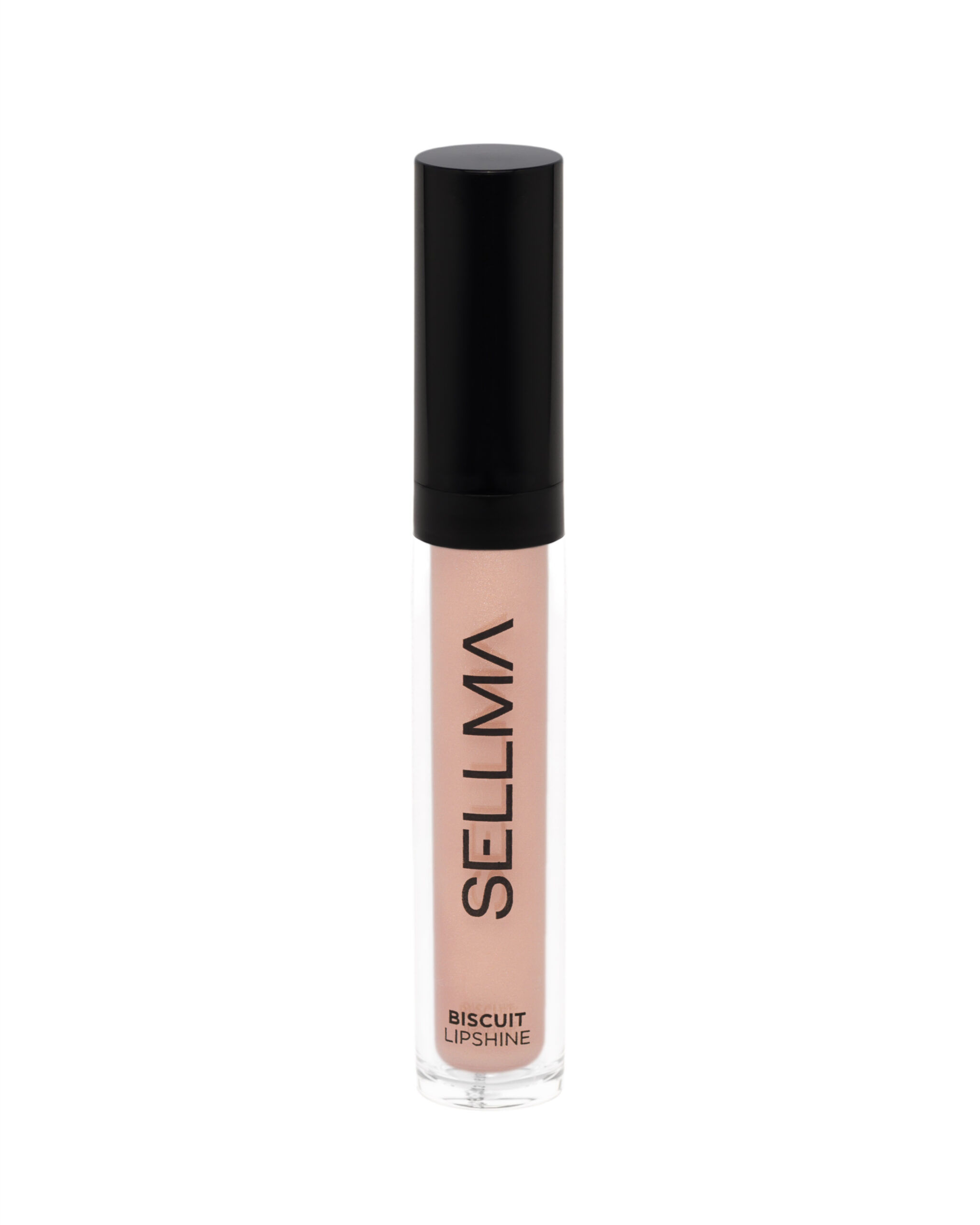 Close-up of a nude-pink lip gloss tube with a tall black cap, shown vertically against a white background. The label on the tube reads 'LIPSHINE' and 'BISCUIT' at the bottom.