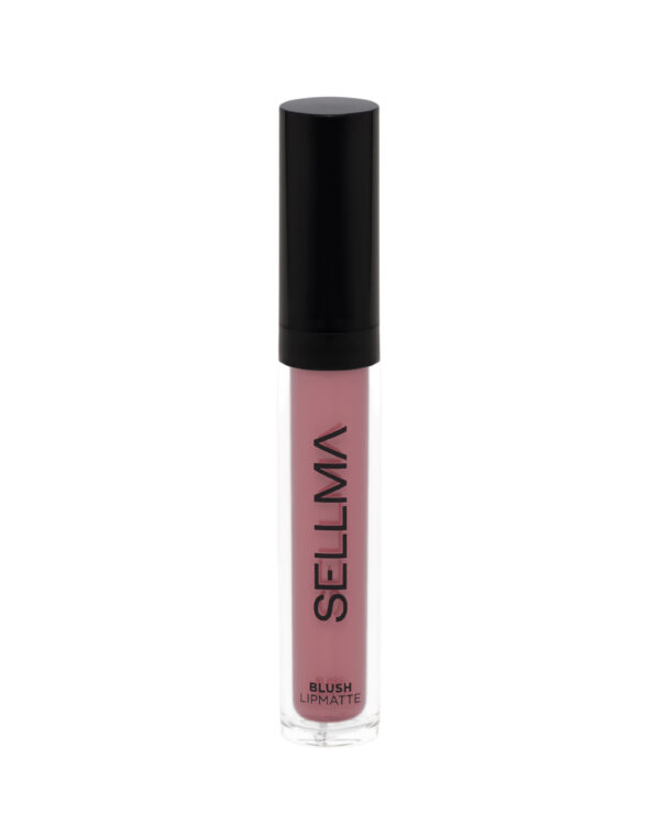 Close-up of a lip matte product in a clear tube with a black cap and pink liquid, labeled 'BLUSH LIP MATTE' vertically along the tube.