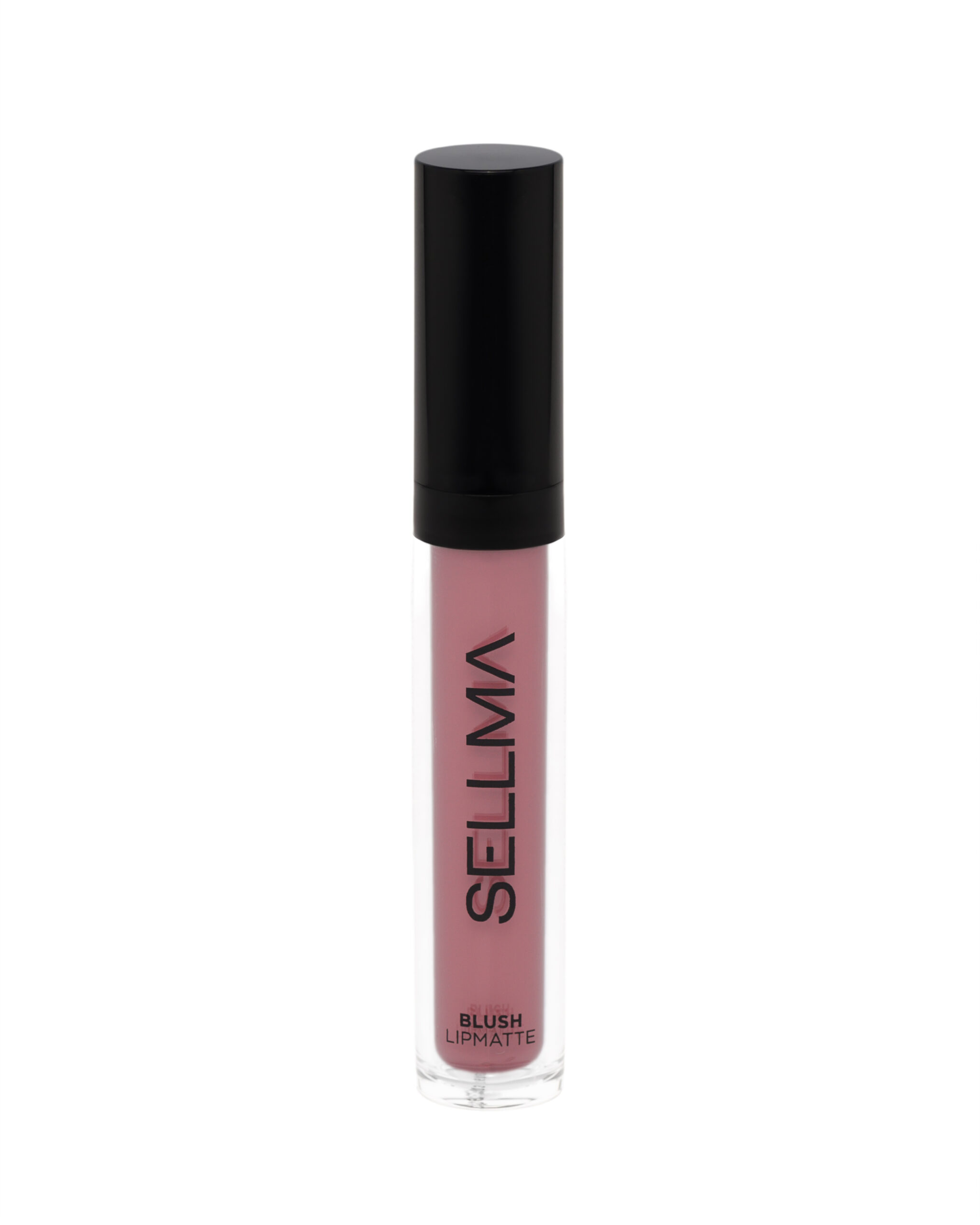 Close-up of a lip matte product in a clear tube with a black cap and pink liquid, labeled 'BLUSH LIP MATTE' vertically along the tube.