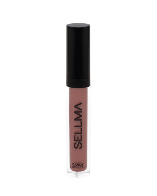 Lipstick in a clear tube with a black cap; pink lip matte shade, labeled 'CANDY LIPMATTE' on the tube.