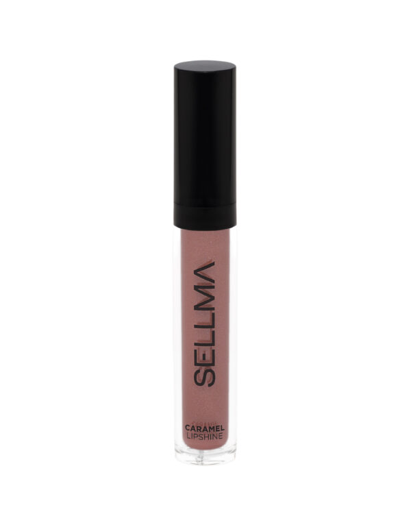 Lip gloss tube with a tall black cap, showing a pink-nude caramel shade through a clear tube.