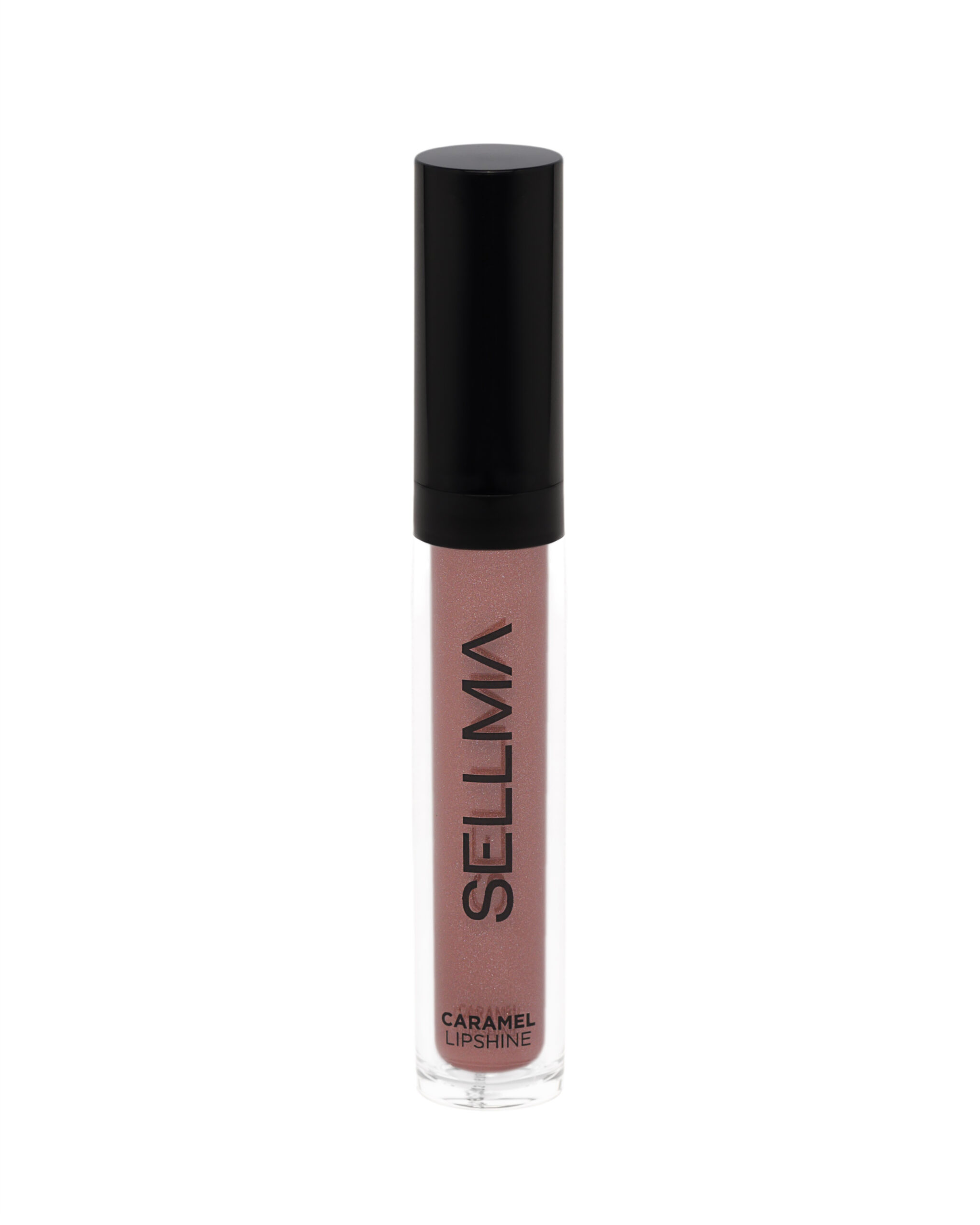 Lip gloss tube with a tall black cap, showing a pink-nude caramel shade through a clear tube.