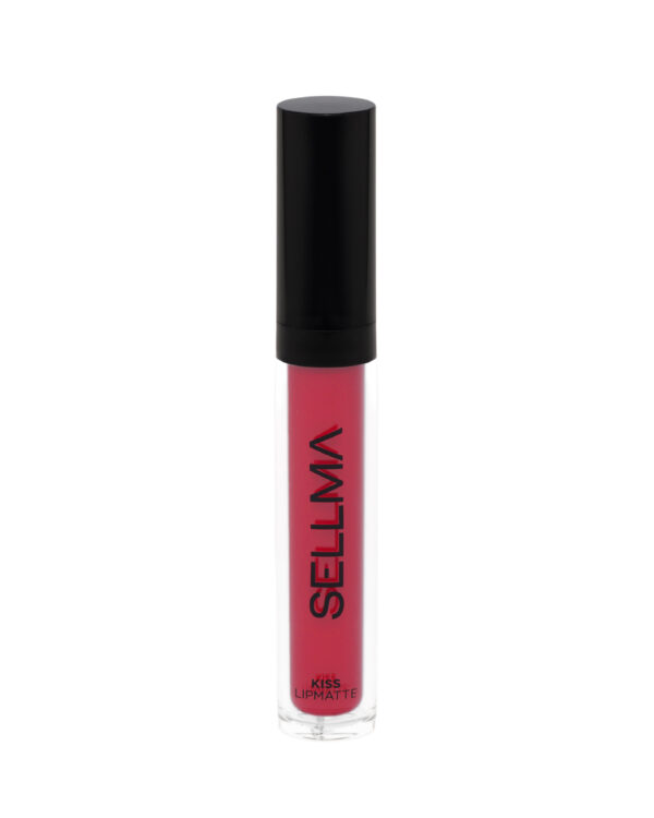 Close-up of a lipstick tube with a glossy black cap, pink-red lip gloss visible in a clear tube with 'KISS LIPMATTE' printed on it.