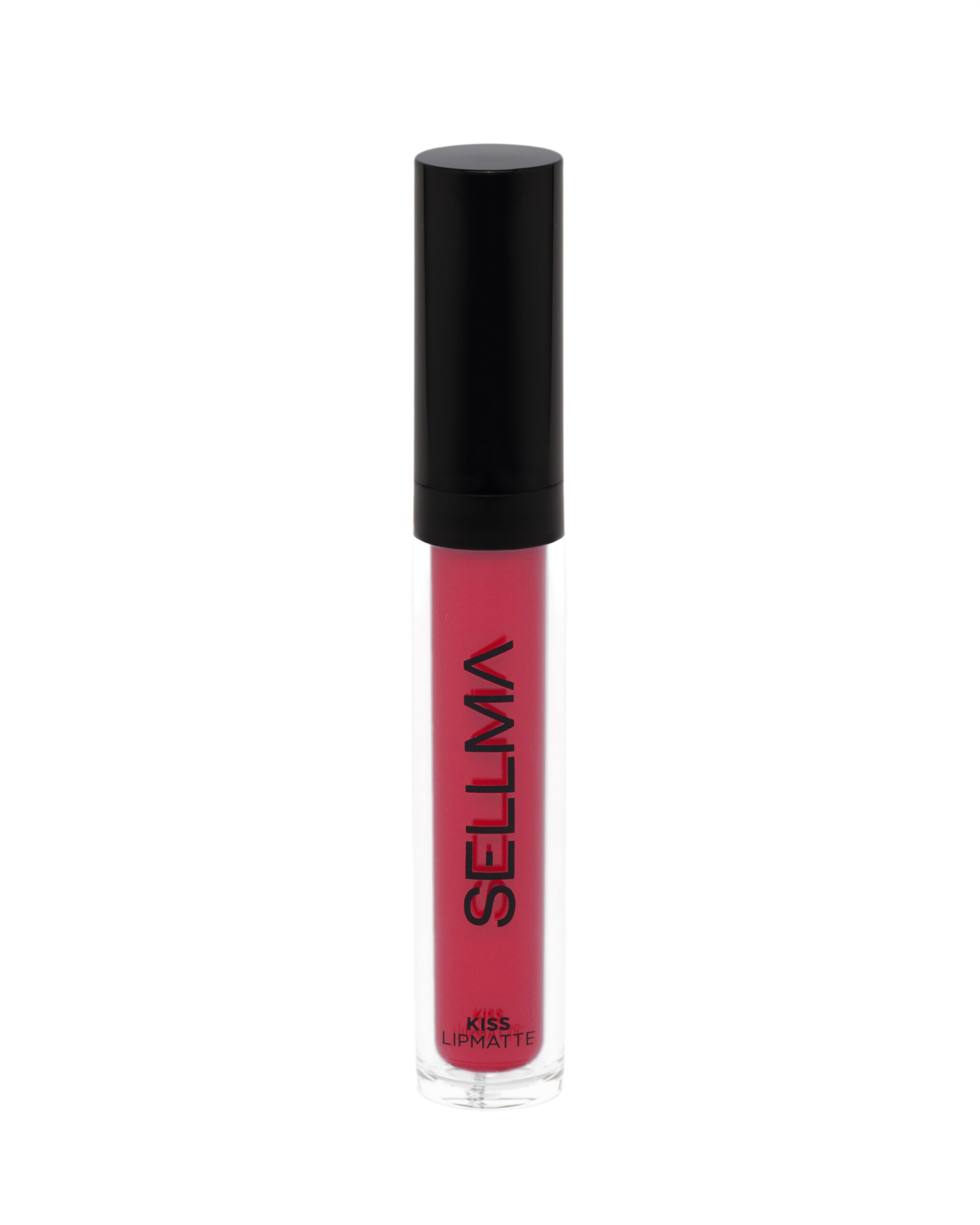 Close-up of a lipstick tube with a glossy black cap, pink-red lip gloss visible in a clear tube with 'KISS LIPMATTE' printed on it.