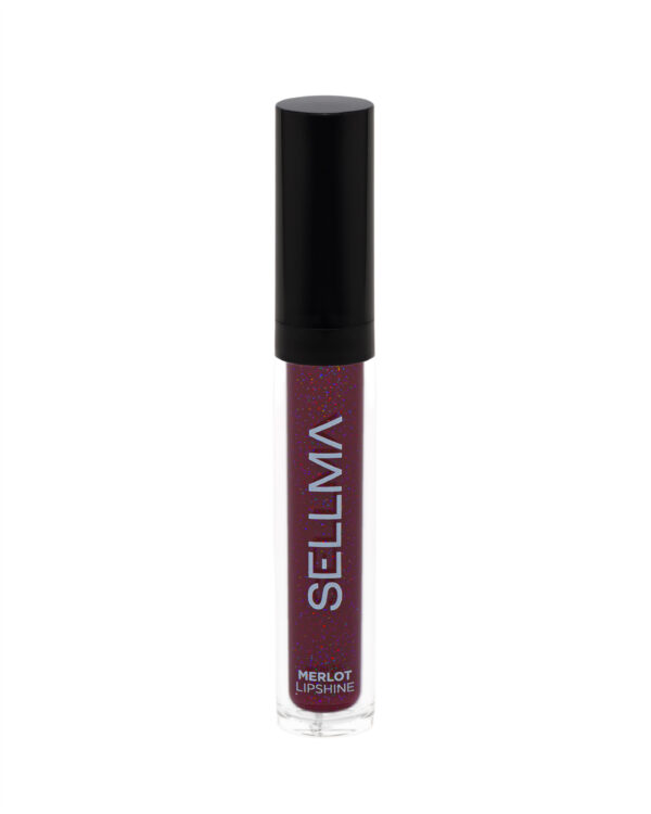 Lip gloss tube with a black cap and purple glittery liquid, labeled Merlot Lipshine, shown front-facing in a vertical format.