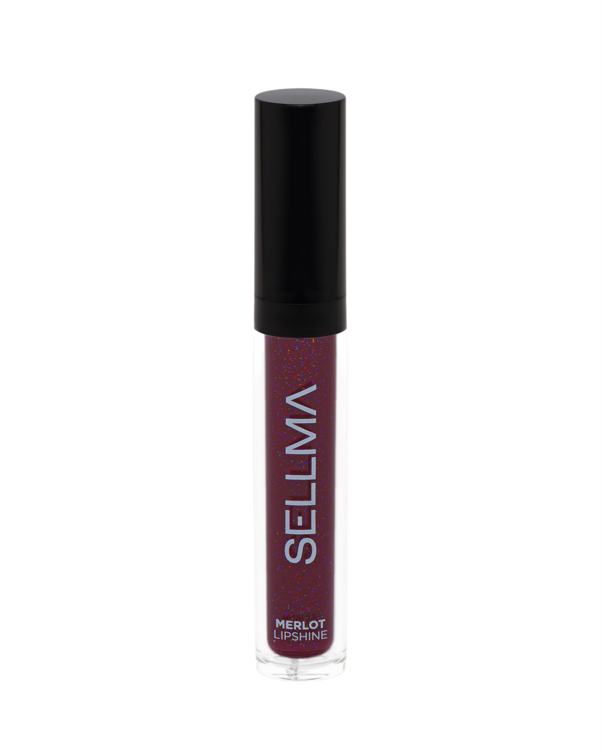Lip gloss tube with a black cap and purple glittery liquid, labeled Merlot Lipshine, shown front-facing in a vertical format.