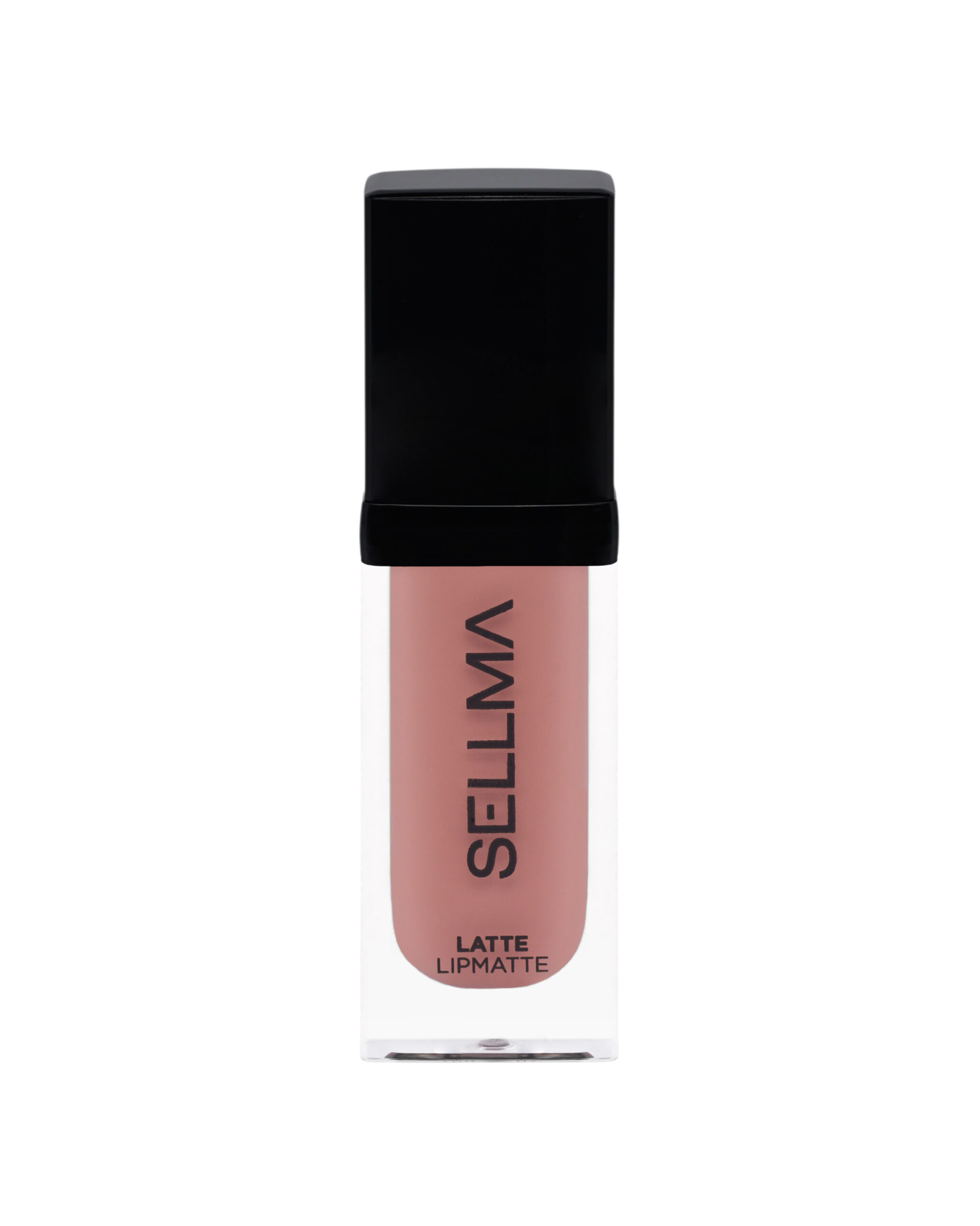 Close-up of a lipstick tube with a glossy black cap and pale pink lipstick visible, label reads 'LATTE LIPMATTE' at the base.