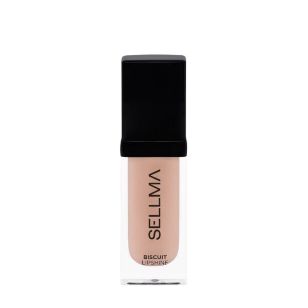 Nude liquid lipstick in a clear rectangular tube with a black cap; label reads Biscuit Lipshine/SELLMLA on the side.