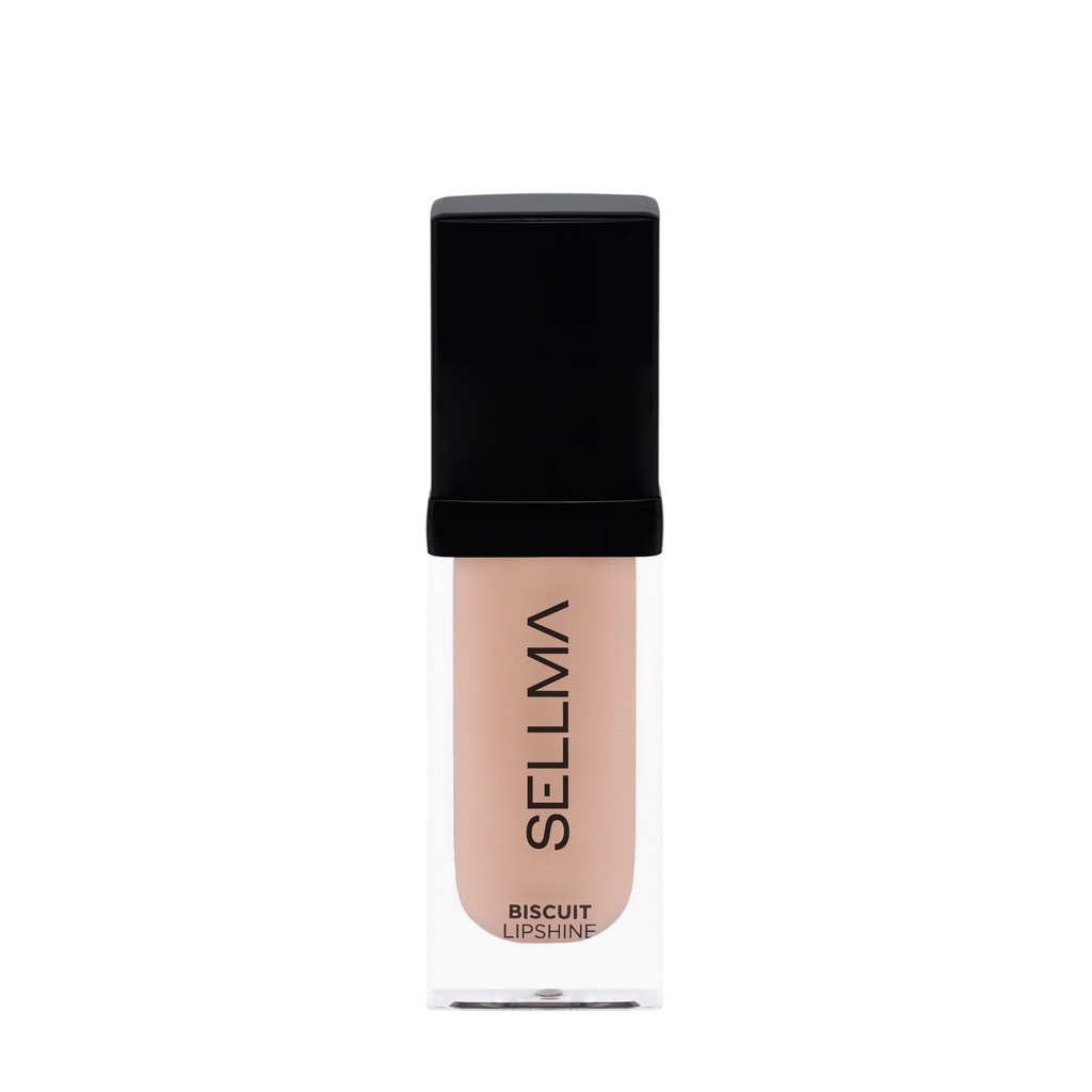 Nude liquid lipstick in a clear rectangular tube with a black cap; label reads Biscuit Lipshine/SELLMLA on the side.