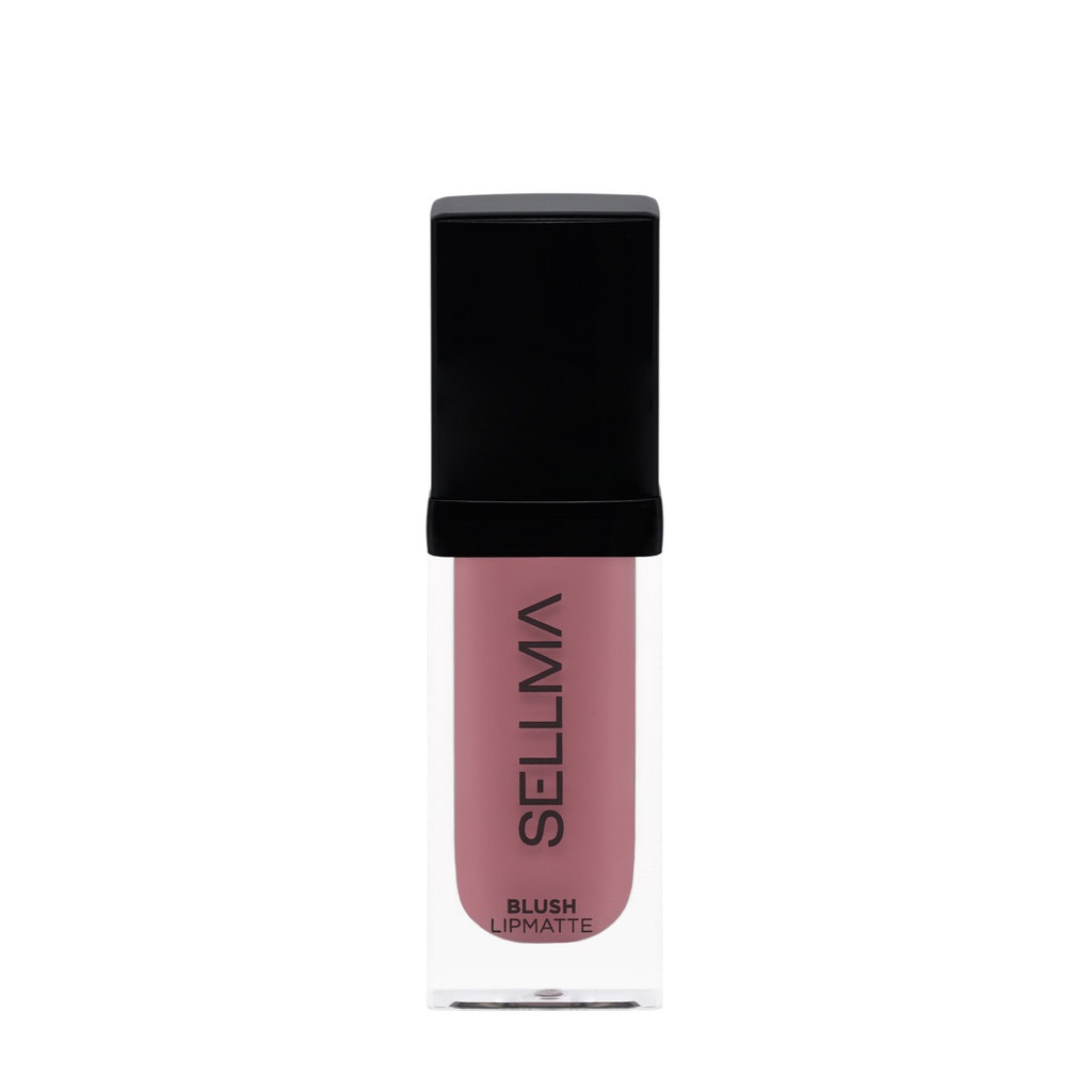 Blush pink liquid lipstick in a clear bottle with a black cap, labeled Lip Matte Blush by SELLINA (vertical orientation).