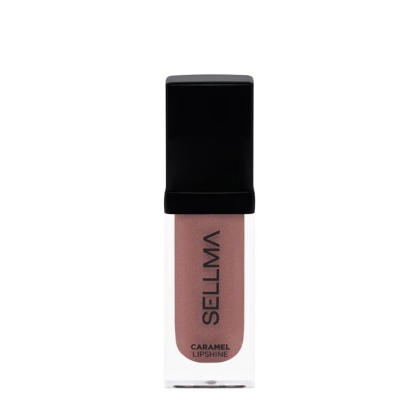 Lip gloss in a caramel shade housed in a clear rectangular tube with a black cap; label reads 'Caramel Lipshine' on the front.