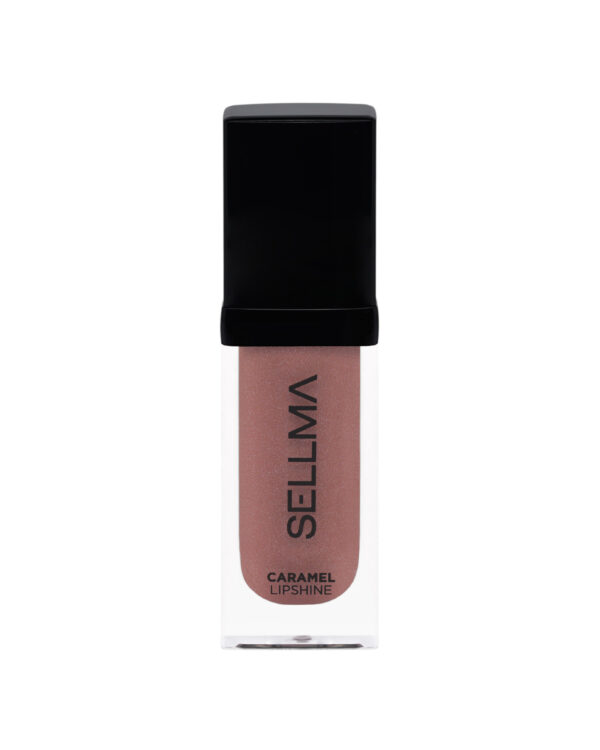 Lip gloss tube with a glossy black cap, displaying a caramel-pink shade and the label 'CARAMEL LIP SHINE' on the tube