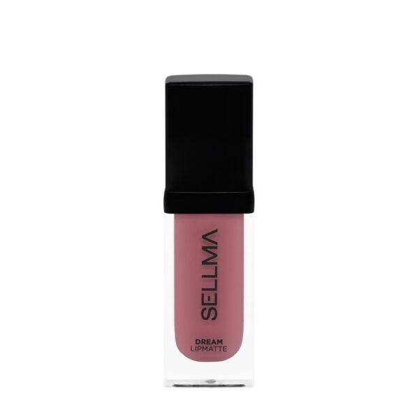 Lip matte liquid lipstick in pink mauve shade in a clear glass bottle with a black square cap; label reads 'DREAM LIP MATTE' and vertical brand text.