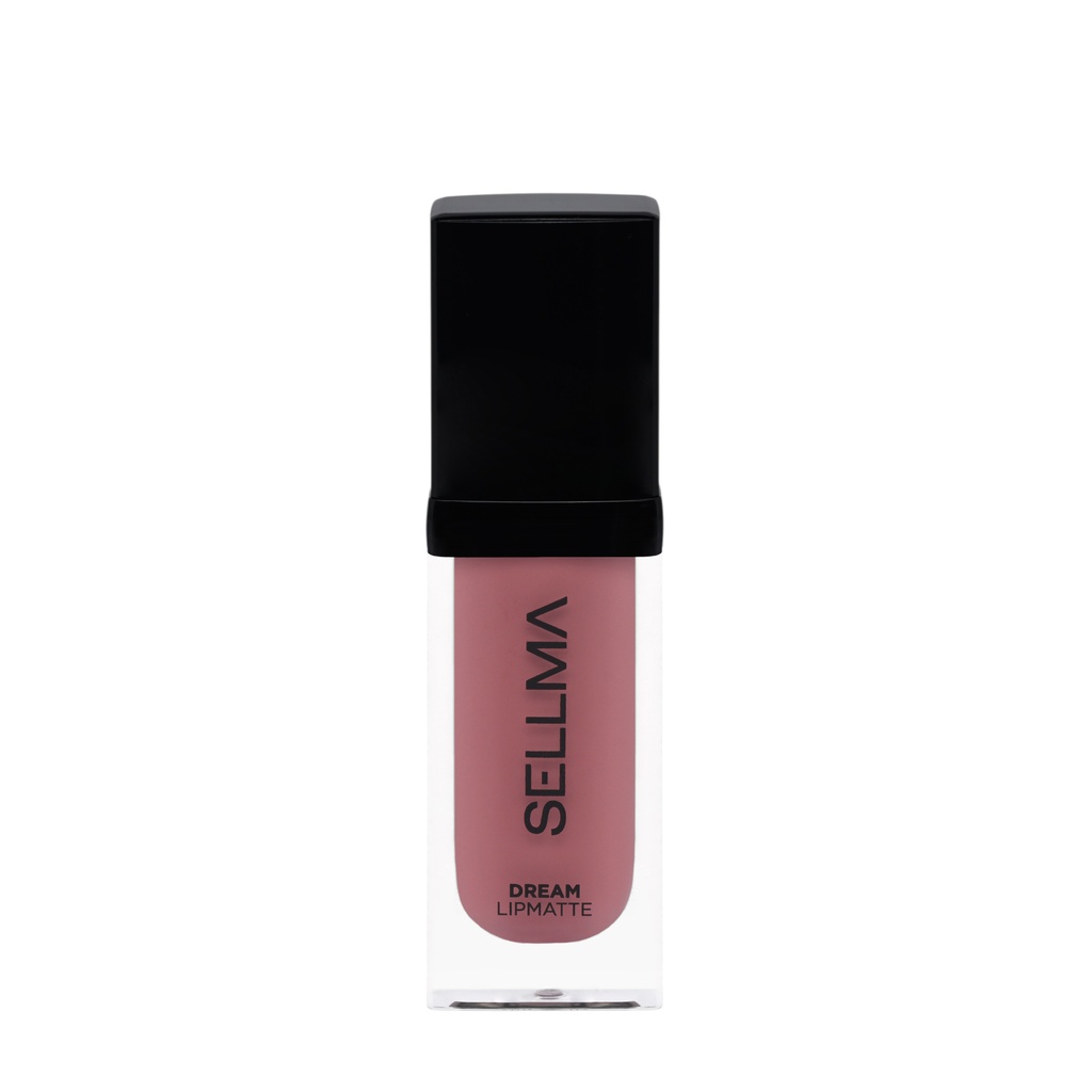 Lip matte liquid lipstick in pink mauve shade in a clear glass bottle with a black square cap; label reads 'DREAM LIP MATTE' and vertical brand text.