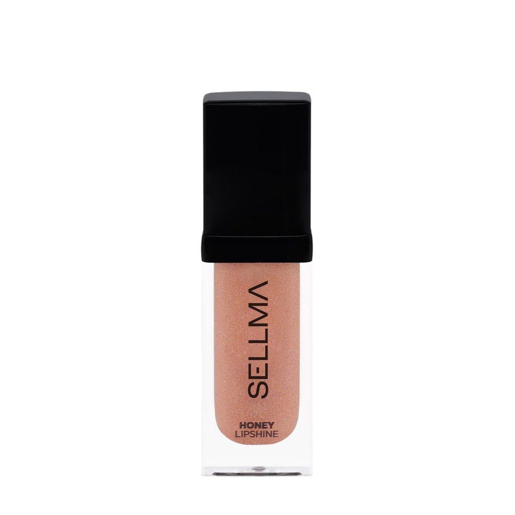 Lip gloss in a clear tube with a black cap, peach shimmer shade labeled Honey Lipshine.