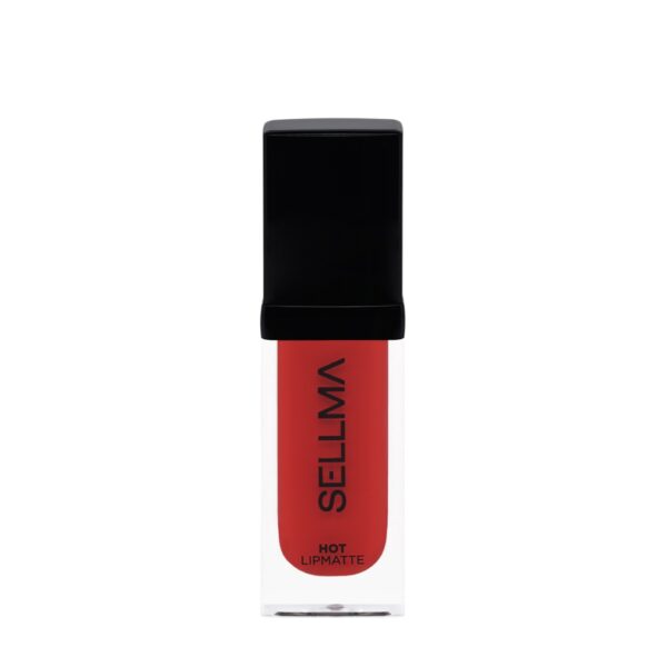 Red lipstick in a clear tube with a black cap, labeled SELLIVA Hot Lip Matte, ready for use on the lips.