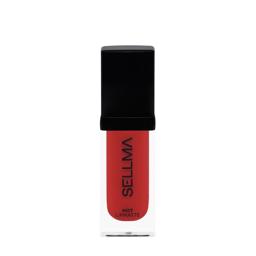 Red lipstick in a clear tube with a black cap, labeled SELLIVA Hot Lip Matte, ready for use on the lips.