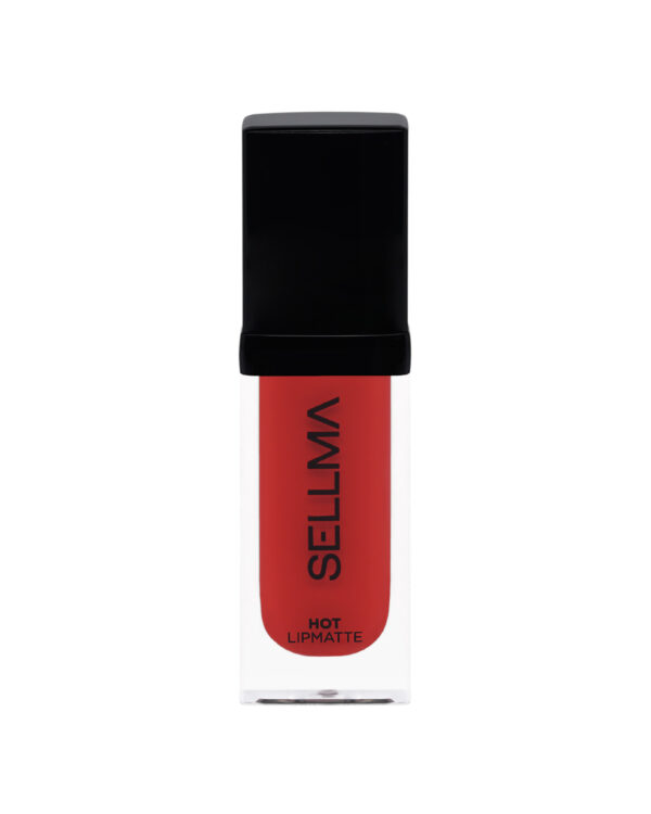 Close-up of a lipstick tube with a glossy black cap and red body on a white background, reading 'HOT LIPMATTE' vertically