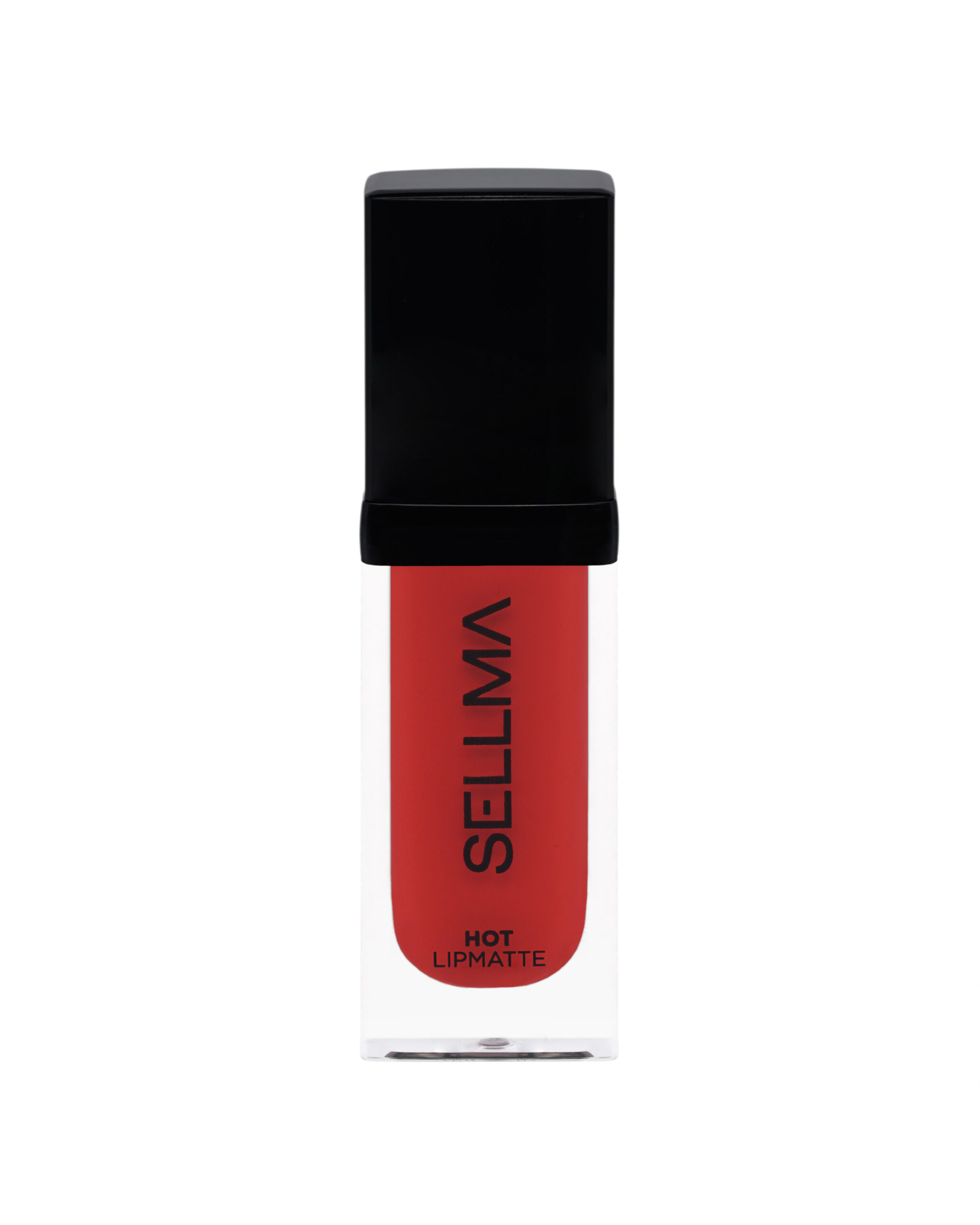 Close-up of a lipstick tube with a glossy black cap and red body on a white background, reading 'HOT LIPMATTE' vertically
