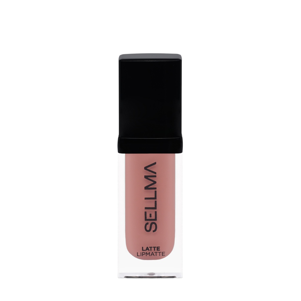 Liquid lipstick in a nude-pink shade in a clear rectangular tube with a black cap, brand name printed vertically on the side.