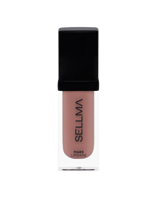 Lipstick tube with a black cap and pale pink shade, displaying the label 'MARS LIP SHINE' on the body.