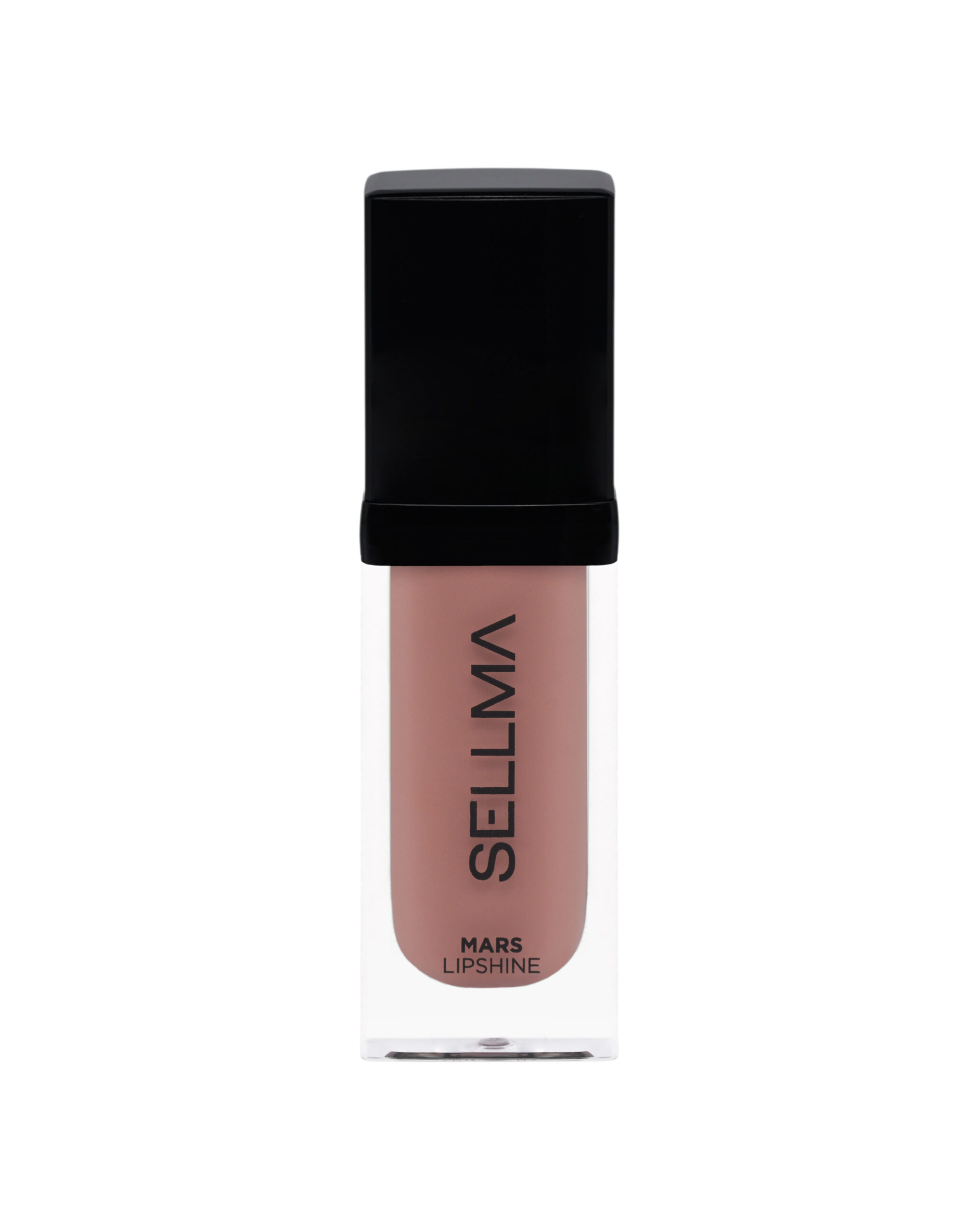 Lipstick tube with a black cap and pale pink shade, displaying the label 'MARS LIP SHINE' on the body.