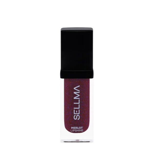 Lip gloss tube labeled 'Merlot Lip Shine' with burgundy glitter gloss and a black cap, standing upright against a white background.