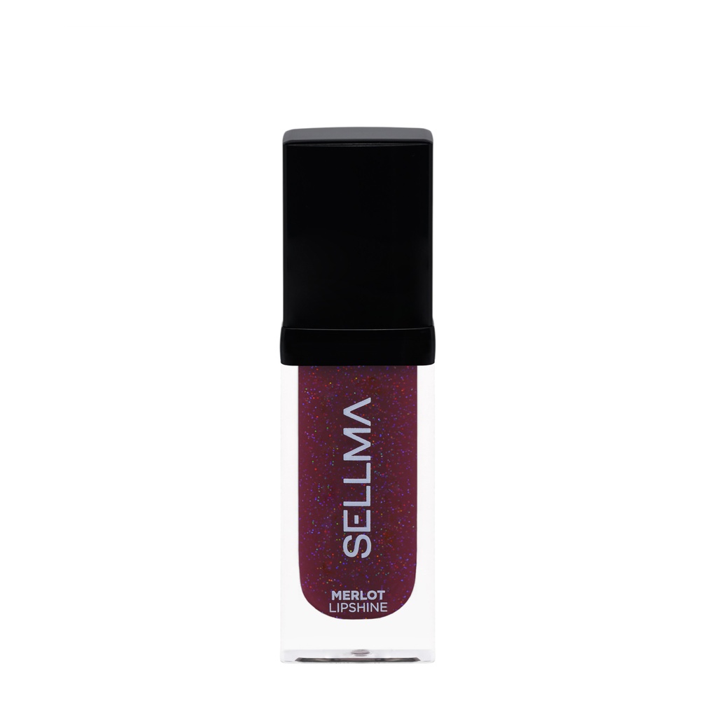 Lip gloss tube labeled 'Merlot Lip Shine' with burgundy glitter gloss and a black cap, standing upright against a white background.