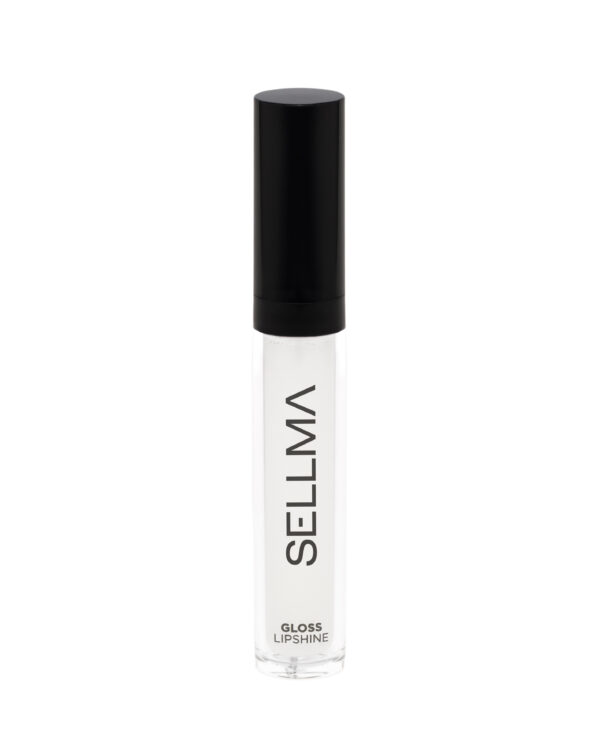 Slim clear lip gloss tube with a black cap, label reads 'GLOSS LIPSHINE' vertically along the bottle, shown against a white background