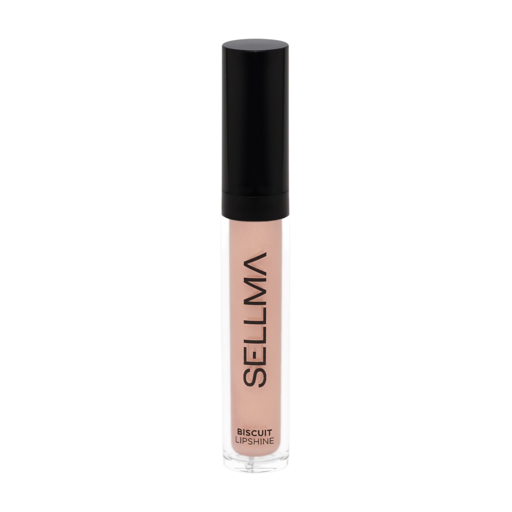 Clear lip gloss tube with nude-beige gloss and a black cap; brand text runs vertically on the tube (Biscuit Lipshine). Alternately labeled as lip gloss product image.
