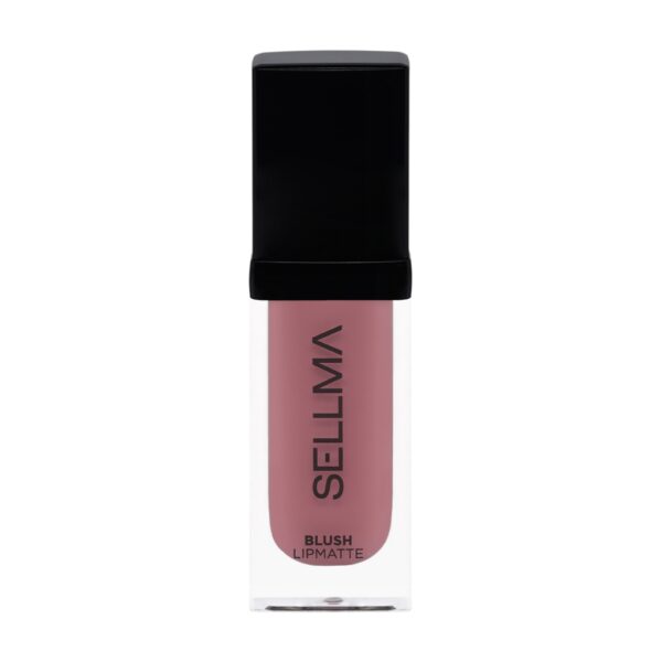 Clear rectangular lipstick tube with a glossy black cap, mauve-pink liquid lip matte visible inside (Sella LV branding)