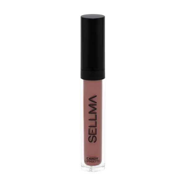 Nude pink lip gloss in a clear tube with a black cap and bold branding on the side answer reads 'SELLIVA' (Candy Lip Matte).