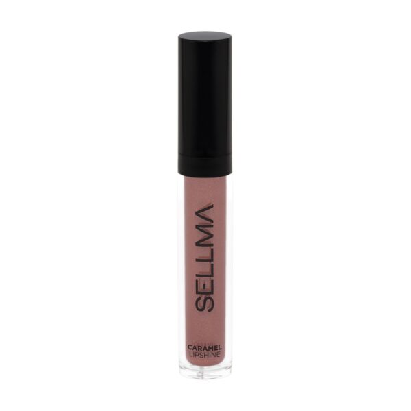 Lip gloss in a clear tube with a black cap and pink shimmery formula visible inside.
