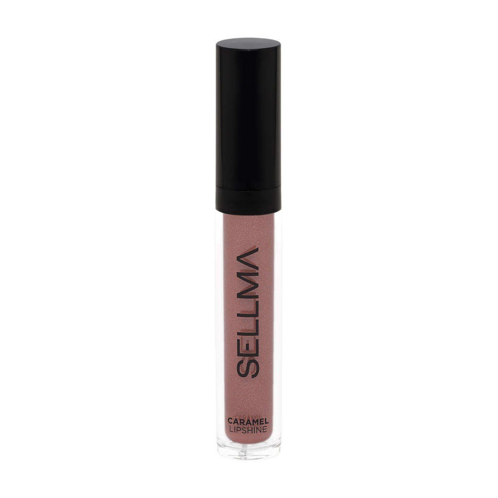 Lip gloss in a clear tube with a black cap and pink shimmery formula visible inside.
