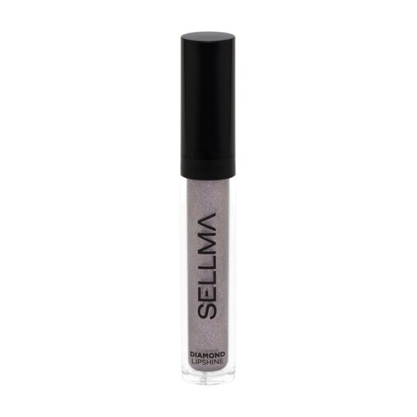 Lip gloss tube labeled SELLMA with black cap, containing a glittery Diamond Lip Shine in a silver shade.