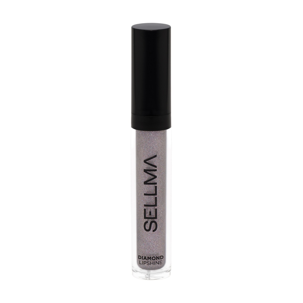 Lip gloss tube labeled SELLMA with black cap, containing a glittery Diamond Lip Shine in a silver shade.