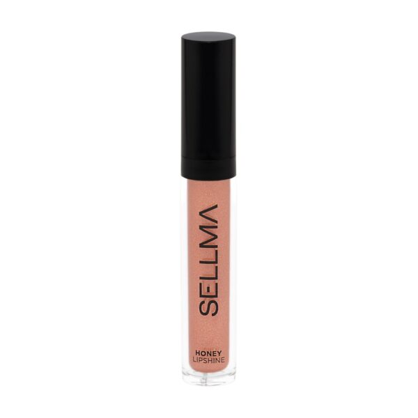 Lip gloss tube with black cap, peachy glitter gloss, labeled Honey Lip Shine.