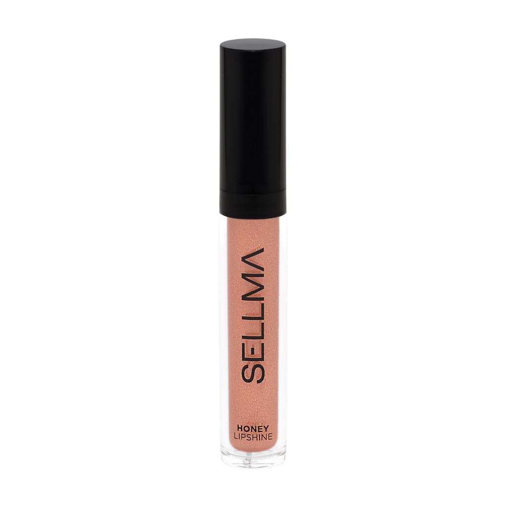 Lip gloss tube with black cap, peachy glitter gloss, labeled Honey Lip Shine.