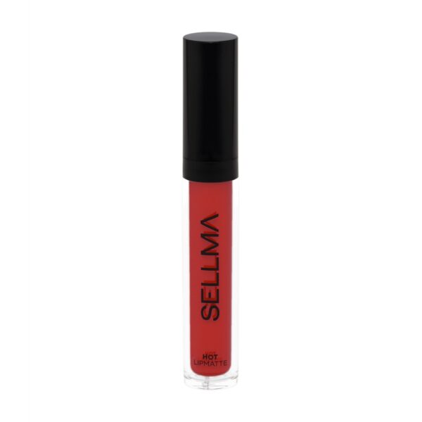 Clear lip gloss tube with a black cap containing bright red lipstick, labeled vertically with the brand name.