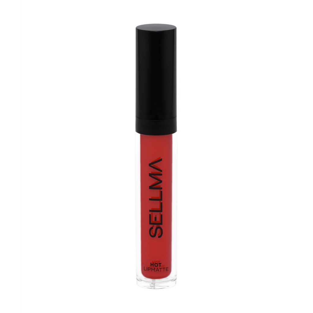 Clear lip gloss tube with a black cap containing bright red lipstick, labeled vertically with the brand name.
