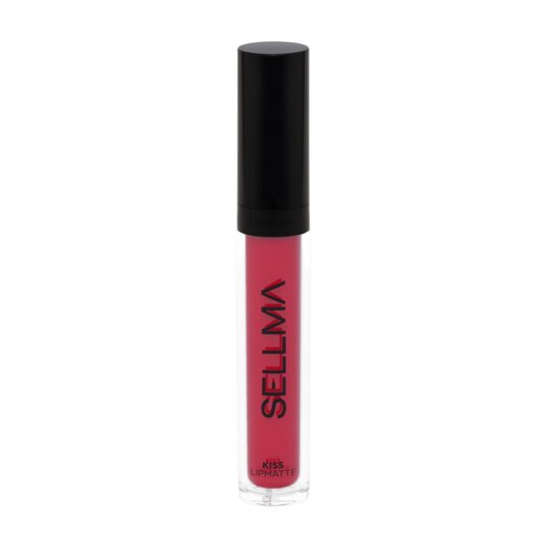 Lip matte liquid lipstick in a clear tube with a black cap, bright pink color, vertical brand text on the side.