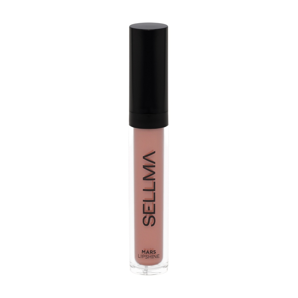 Nude lip gloss in a clear cylindrical tube with a black cap; product name displayed vertically along the tube.