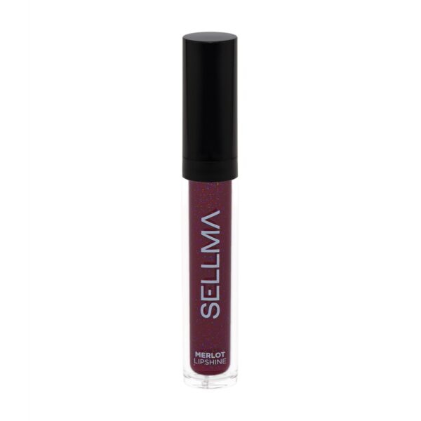 Lip gloss tube with a glossy black cap, burgundy glitter lip gloss inside, and the vertical brand text 'SELLMA' with 'MERLOT LIPSHINE' at the bottom.