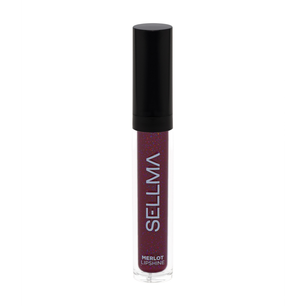 Lip gloss tube with a glossy black cap, burgundy glitter lip gloss inside, and the vertical brand text 'SELLMA' with 'MERLOT LIPSHINE' at the bottom.