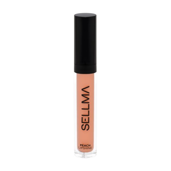Tube-shaped peach lip gloss with black cap; label reads 'PEACH LIPSHINE' on clear container
