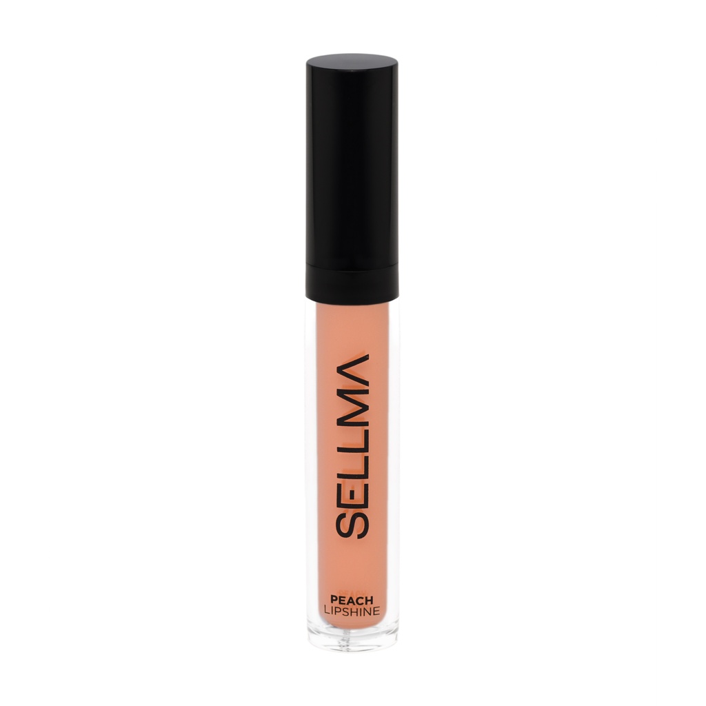 Tube-shaped peach lip gloss with black cap; label reads 'PEACH LIPSHINE' on clear container